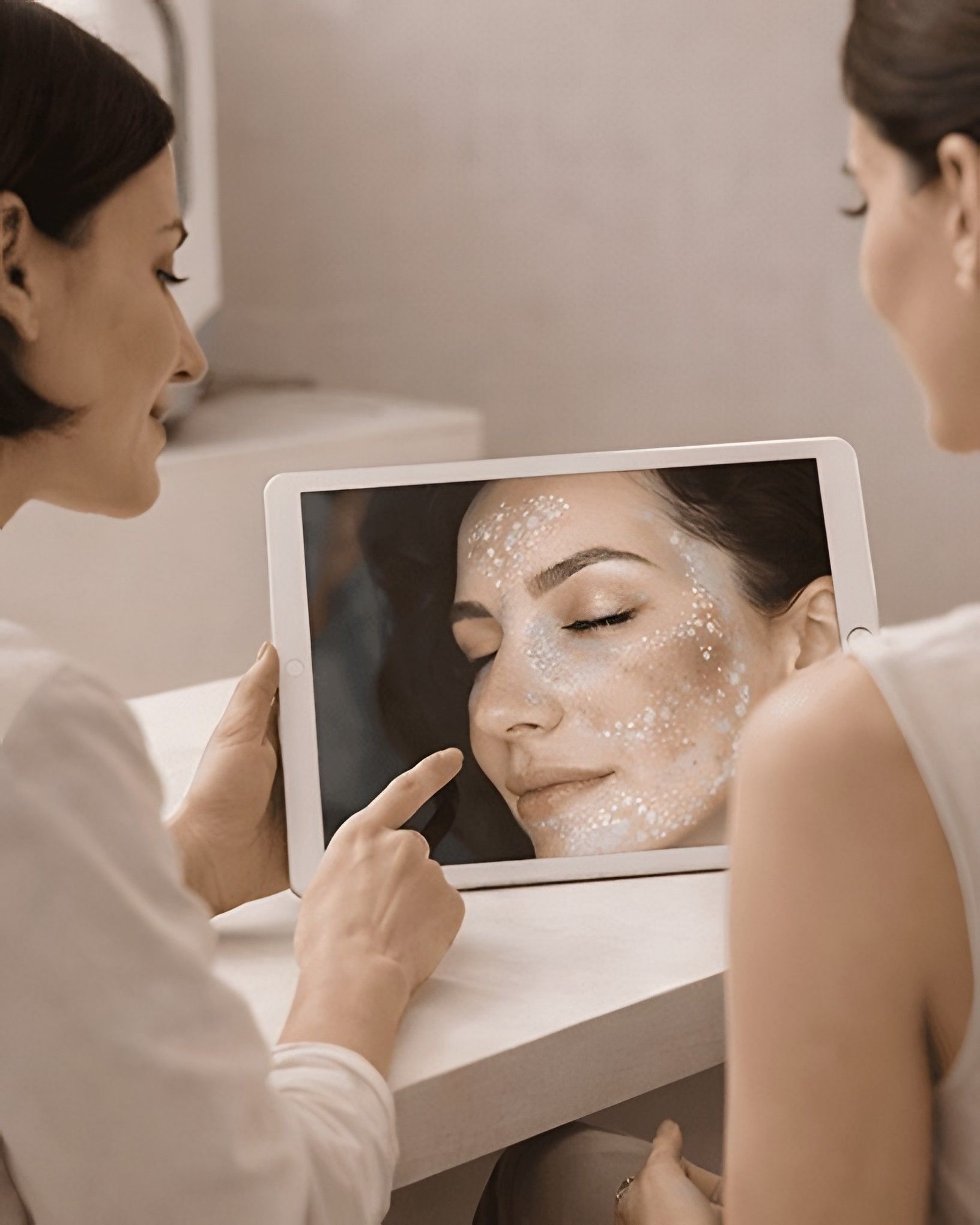Clinician reviewing a skin analysis with a client on a tablet